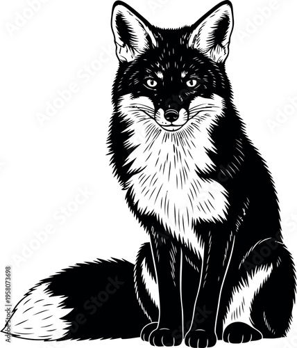 A black and white illustration of a sitting fox with pointed ears and bushy tail