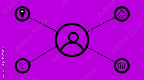 Animated simple network diagram with 5 user icons connected by lines representing social media or organizational structure on a rad background.