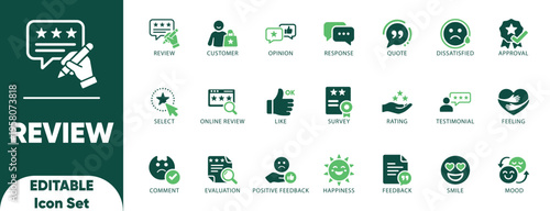 Review icon set. approval, evaluation, feedback, opinion, rating, response, review, satisfaction, select, survey, testimonial, and solid icons.