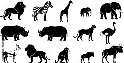 Collection of african wildlife silhouettes featuring various animals