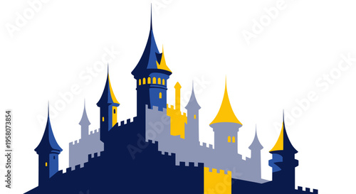 Stylized illustration of a fantasy castle with blue, yellow, and gray towers and battlements