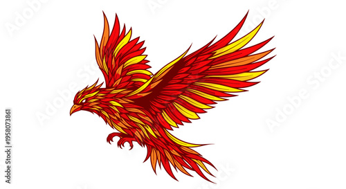 Stylized phoenix bird illustration with fiery red and yellow plumage in flight