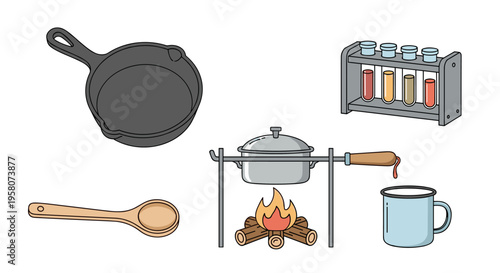 Illustration of cooking and science equipment on a white background