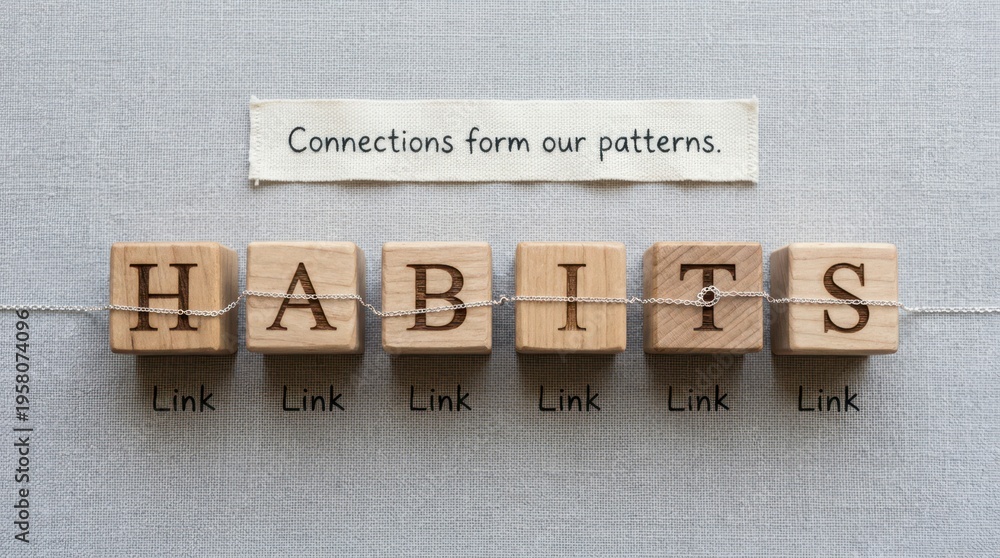 Obraz premium Wooden Blocks Spelling Habit with Connecting Threads and Inspirational Quote About Patterns