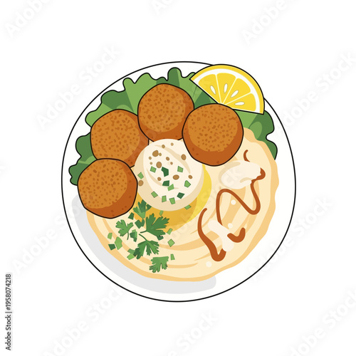 Delicious Falafel Plate with Hummus, Tahini Sauce, Lemon, and Parsley - Top View