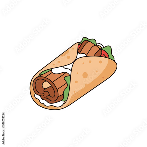 Delicious Shawarma Wrap with Meat and Vegetables, Cartoon Style