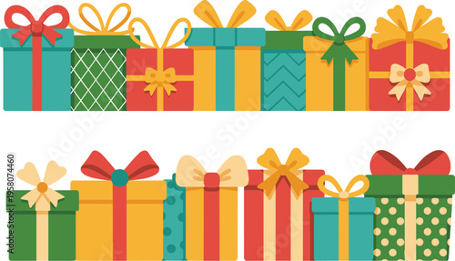 Christmas gift box vector border set, colorful present boxes with ribbons for holiday celebration and birthday design