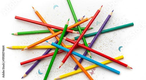Colorful pencils scattered on white surface with shavings