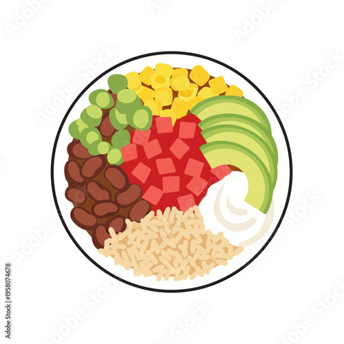 Healthy Burrito Bowl Illustration - Fresh Ingredients Top View