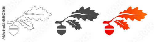 A set of illustrations showing an acorn attached to an oak branch with leaves, presented in outline, solid black, and gradient red styles, perfect for seasonal or natural designs.