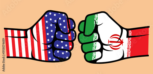 Iran-America conflict, two fists, Iranian flag and American flag,