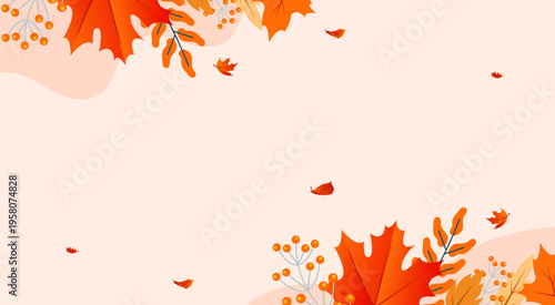 Vibrant flat design illustration featuring colorful autumn leaves and berries. Perfect for fall season promotions, harvest festivals, and decorative natural backgrounds.