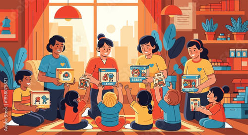 Diverse group of children and teachers engaged in a learning activity.