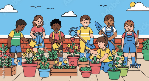 Diverse group of children happily gardening together on a rooftop.