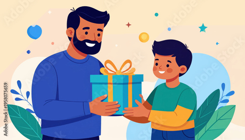 Father and Son Exchanging Gift with Smile.