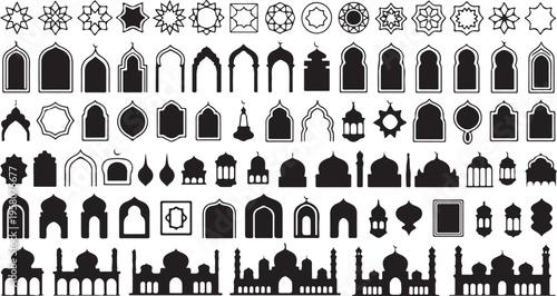 Collection of various mosque and Islamic architecture silhouettes and star designs on white background