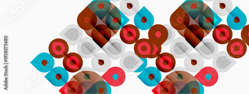 Abstract geometric pattern. Overlapping circles, squares, teardrops create dynamic visual texture. Red, brown, teal hues dominate composition.