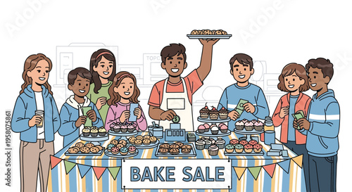 Diverse group of children happily selling baked goods at a bake sale.
