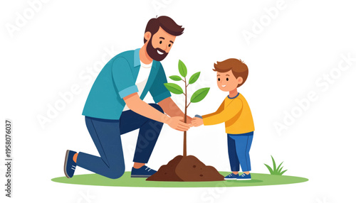 Man and Boy Planting a Tree Together.