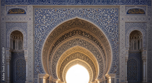Intricate islamic archway with ornate blue and gold patterns and bright central light