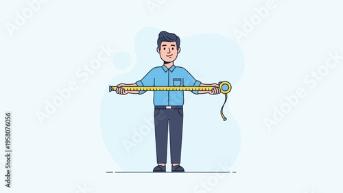 Man holding tape measure cartoon character.