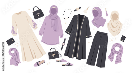 Elegant modest fashion flat lay with hijab abaya and accessories for modern muslim women style inspiration