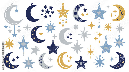 Whimsical Celestial Collection Featuring Moon and Star Illustrations in Shades of Blue Yellow and Gray Perfect for Baby Nursery Decor and Dreamy Designs