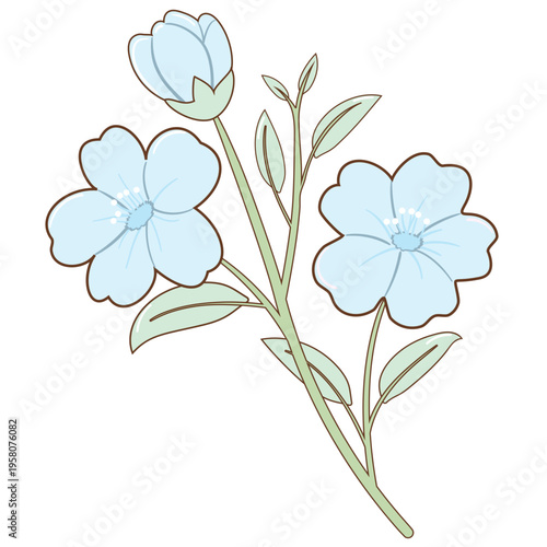 Pastel Blue Flowers with Green Leafs Hand Drawn Illustration
