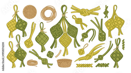 Traditional woven ketupat and food containers collection for eid al fitr celebration and ramadan festive season decorative elements