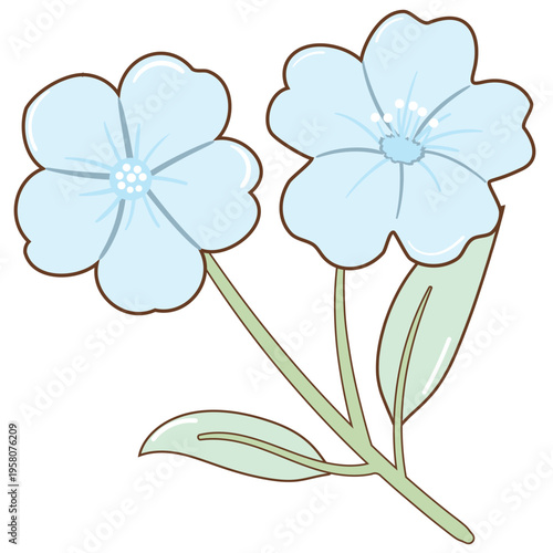 Pastel Blue Flowers with Green Leafs Hand Drawn Illustration