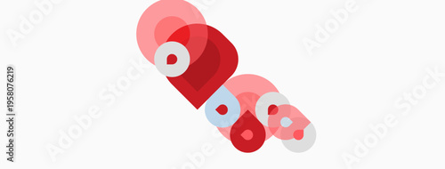 Abstract design features overlapping red circles, varying opacity, white background. Simple geometric shapes create visual interest.