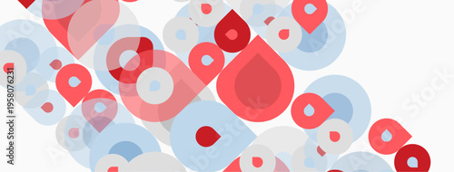 Abstract background. Overlapping circles, varying sizes, shades. Red, light blue, pale pink hues dominate composition. Minimalist design.