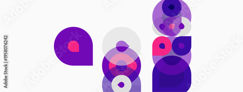 Abstract composition featuring overlapping purple circles, varying sizes, light background. Modern design, simple shapes, vibrant hues.