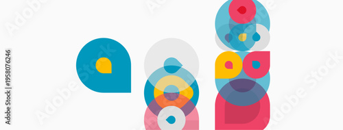 Abstract colorful circles overlap, creating playful geometric composition. Simple shapes suggest modern design, vibrant hues dominate.