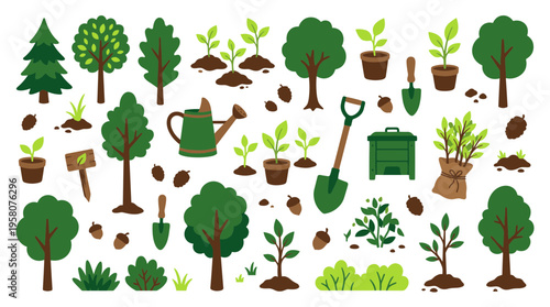 Gardening illustration with trees seedlings plants watering can shovel compost bin and acorns for nature and growth concepts