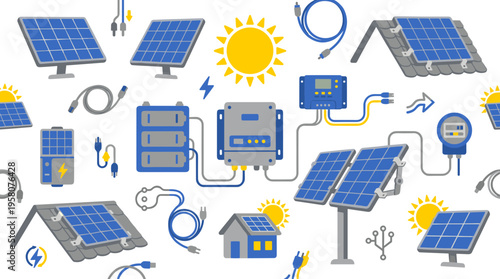 Solar energy system components illustration for renewable power generation and sustainable electricity supply for homes and businesses