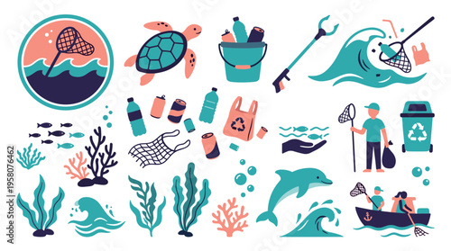 Ocean pollution cleanup with marine life and volunteers collecting trash from sea waves and underwater environment