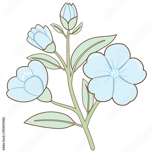Pastel Blue Flowers with Green Leafs Hand Drawn Illustration