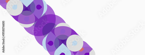 Abstract composition featuring overlapping purple circles, varying shades, white space. Minimalist design, modern aesthetic, diagonal arrangement.