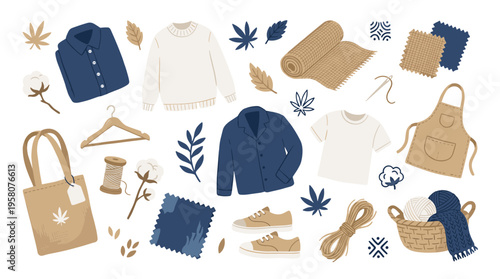 Sustainable fashion and textile materials collection including clothing fabric samples and eco friendly accessories