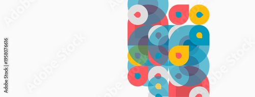 Colorful overlapping circles create abstract pattern. Bright hues dominate composition, offering modern aesthetic. Simple shapes, playful design.