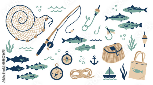 Fishing gear and marine life illustration with boats and compass for outdoor recreation and hobby themes