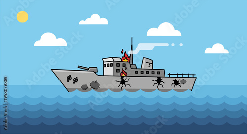 A cartoon illustration of a damaged warship with bullet holes and fire on the open sea under a sunny sky.