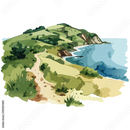 海沿いの道と岬の風景　水彩画風