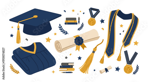 Graduation symbols diploma cap gown medal academic achievement and success education concept