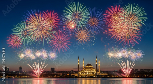 Vibrant fireworks display over illuminated mosque by serene lake at dusk reflecting celebration and joy