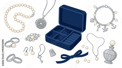 Elegant jewelry collection with pearl necklaces rings earrings and a velvet jewelry box for luxury accessories storage