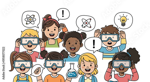 Diverse group of happy children engaged in science experiments.