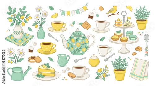 Charming Afternoon Tea Party Illustration with Lemons and Flowers