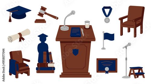 Collection of academic and legal graduation ceremony symbols including podium, diploma, gavel, cap, and chairs for a formal event